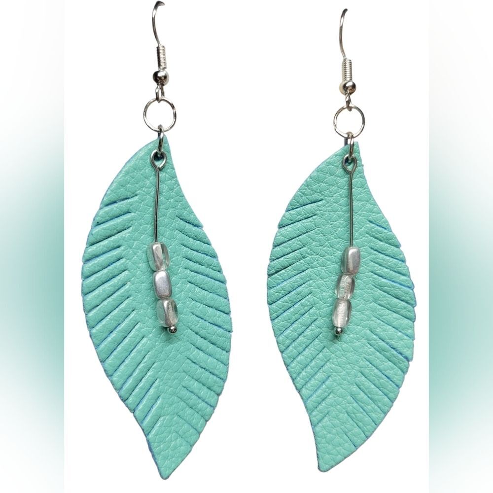 Handmade Teal Faux Leather Feather Earrings | Boho Lightweight Stainless Steel